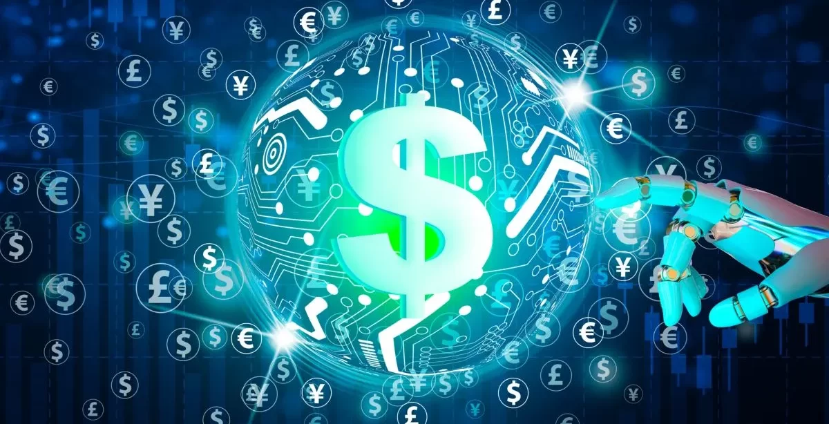 A imagem mostra símbolos de diversas moedas, sendo que um deles, de dólar, é tocado por um braço robótico, que representa a Inteligência Artificial