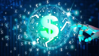 A imagem mostra símbolos de diversas moedas, sendo que um deles, de dólar, é tocado por um braço robótico, que representa a Inteligência Artificial