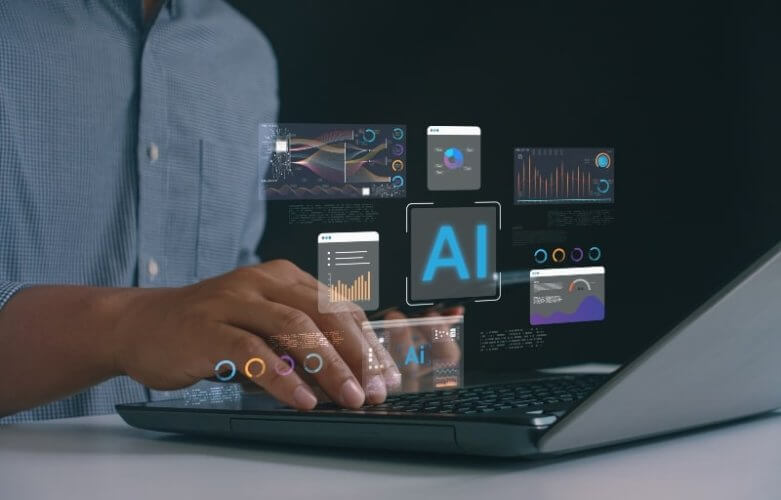 A imagem mostra um profissional utilizando um laptop, enquanto interfaces digitais flutuantes exibem gráficos, dados e um ícone de cérebro representando inteligência artificial (IA). Essa composição simboliza o uso de tecnologias avançadas, aprendizado de máquina e análise de dados em processos empresariais. O cenário futurista e as luzes digitais transmitem a ideia de transformação digital, automação e integração entre humanos e sistemas inteligentes, evidenciando o papel estratégico da IA na tomada de decisões e inovação tecnológica nas organizações modernas. 