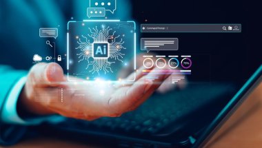 A imagem mostra a mão de um homem segurando diversos ícones, entre eles um que faz referência à IA. Os demais ícones que aparecem em volta parecem complementar a ideia de como funcionam os tipos de Inteligência Artificial.