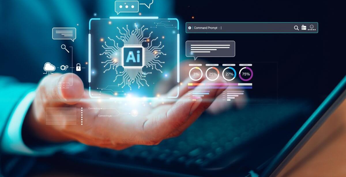 A imagem mostra uma mão masculina segurando uma caixa. Dentro dela é possível ver as letras "AI", fazendo referência à Inteligência Artificial. Outros ícones menores aparecem ao redor, incluindo uma barra para digitar um comando para o robô.