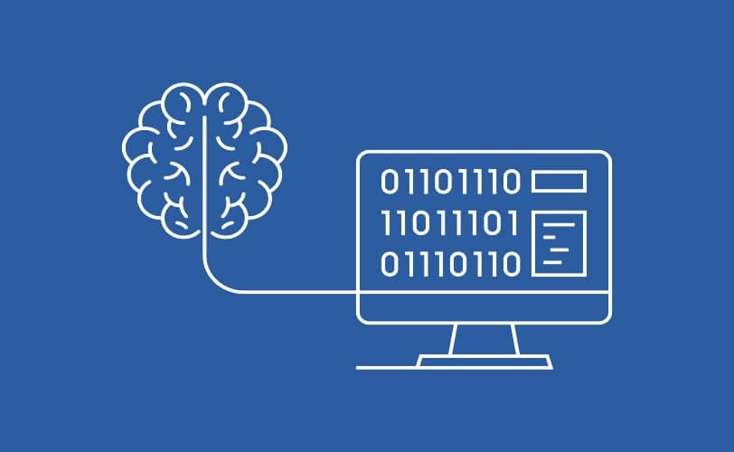 A ilustração representa um conceito de inteligência artificial (IA), mostrando um cérebro conectado a um computador com códigos binários (0 e 1) na tela. Essa imagem simboliza a integração entre o raciocínio humano e o processamento automatizado de dados, refletindo como as máquinas aprendem e executam tarefas com base em algoritmos criados pelo homem. O fundo azul e o design minimalista reforçam a ideia de tecnologia, inovação e aprendizado de máquina (machine learning) como pilares da era digital e da computação cognitiva.