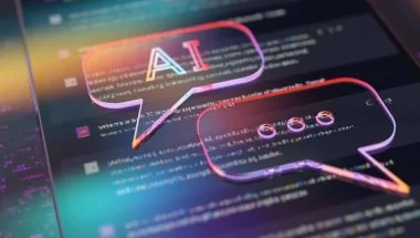 Representação gráfica de um chatbot digital com conexões tecnológicas ao fundo, simbolizando a integração da IA em sistemas, representando a Gemini, Inteligência Artificial do Google.