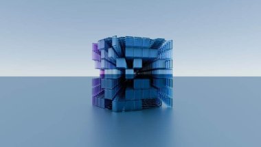 Uma ilustração apresenta um cubo sobre um fundo azul-claro, feito por outros cubos em tamanhos variados, nas cores lilás, branco, rosa e azul, representando a ideia por trás do conceito de Modular Monolith Architecture.