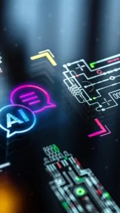 Ilustração com dois balões de fala e ramificações demonstrando uso de Inteligencia Artificial Generativa
