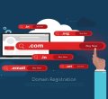 A ilustração representa o processo de registrar domínio na internet. Um laptop exibe uma página de registro de domínios, enquanto extensões populares como .com, .org, .email e .in aparecem como opções disponíveis para compra. Uma mão digital está prestes a clicar no botão "Buy Now", simbolizando a escolha e aquisição de um nome de domínio.