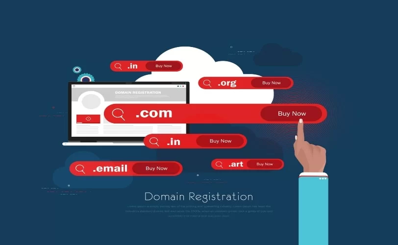 A ilustração representa o processo de registrar domínio na internet. Um laptop exibe uma página de registro de domínios, enquanto extensões populares como .com, .org, .email e .in aparecem como opções disponíveis para compra. Uma mão digital está prestes a clicar no botão "Buy Now", simbolizando a escolha e aquisição de um nome de domínio.