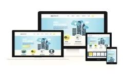A imagem ilustra um design de site responsivo exibido em diferentes dispositivos, incluindo um desktop, laptop, tablet e smartphone. O layout do site apresenta um tema moderno e profissional, com elementos gráficos, representando desenvolvimento ágil, testes e qualidade de software. Quando o assunto é “sites não responsivos exemplos”, a adaptação do conteúdo às diversas telas é uma das formas de melhorar a experiência do usuário.