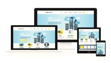 A imagem ilustra um design de site responsivo exibido em diferentes dispositivos, incluindo um desktop, laptop, tablet e smartphone. O layout do site apresenta um tema moderno e profissional, com elementos gráficos, representando desenvolvimento ágil, testes e qualidade de software. Quando o assunto é “sites não responsivos exemplos”, a adaptação do conteúdo às diversas telas é uma das formas de melhorar a experiência do usuário.