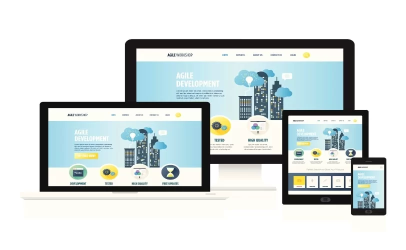 A imagem ilustra um design de site responsivo exibido em diferentes dispositivos, incluindo um desktop, laptop, tablet e smartphone. O layout do site apresenta um tema moderno e profissional, com elementos gráficos, representando desenvolvimento ágil, testes e qualidade de software. Quando o assunto é “sites não responsivos exemplos”, a adaptação do conteúdo às diversas telas é uma das formas de melhorar a experiência do usuário.