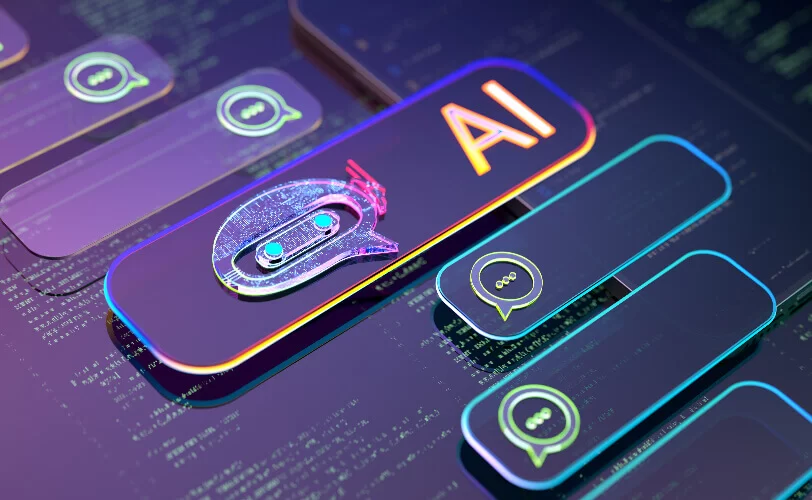 Uma ilustração simulando uma Inteligência Artificial. Na tela, vê-se um teclado multicolorido e, sobre ele, um campo de busca com a sigla “AI...”. Formas, como círculos e quadrados, sobrevoam ao redor da caixa de busca sobre um fundo escuro.