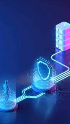A imagem mostra uma ilustração 3D futurista de uma infraestrutura de computação em nuvem. À direita, aparecem servidores interligados a uma nuvem digital, representando armazenamento e processamento de dados online. No lado esquerdo, há um avatar humano conectado por linhas luminosas, passando por um escudo de segurança antes de acessar os dados, simbolizando proteção cibernética e autenticação de usuários. O design em tons de azul e roxo transmite modernidade e tecnologia avançada.