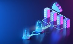 A imagem mostra uma ilustração 3D futurista de uma infraestrutura de computação em nuvem. À direita, aparecem servidores interligados a uma nuvem digital, representando armazenamento e processamento de dados online. No lado esquerdo, há um avatar humano conectado por linhas luminosas, passando por um escudo de segurança antes de acessar os dados, simbolizando proteção cibernética e autenticação de usuários. O design em tons de azul e roxo transmite modernidade e tecnologia avançada.