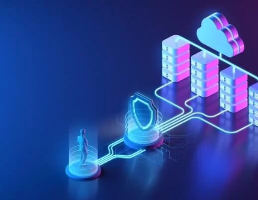 A imagem mostra uma ilustração 3D futurista de uma infraestrutura de computação em nuvem. À direita, aparecem servidores interligados a uma nuvem digital, representando armazenamento e processamento de dados online. No lado esquerdo, há um avatar humano conectado por linhas luminosas, passando por um escudo de segurança antes de acessar os dados, simbolizando proteção cibernética e autenticação de usuários. O design em tons de azul e roxo transmite modernidade e tecnologia avançada.