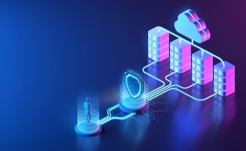 A imagem mostra uma ilustração 3D futurista de uma infraestrutura de computação em nuvem. À direita, aparecem servidores interligados a uma nuvem digital, representando armazenamento e processamento de dados online. No lado esquerdo, há um avatar humano conectado por linhas luminosas, passando por um escudo de segurança antes de acessar os dados, simbolizando proteção cibernética e autenticação de usuários. O design em tons de azul e roxo transmite modernidade e tecnologia avançada.