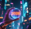 Mão segurando uma esfera futurista iluminada com o número ‘2026’, em um cenário urbano neon de estilo cyberpunk, simbolizando previsões e tendências tecnológicas para o futuro.