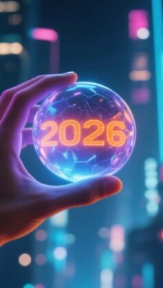 Mão segurando uma esfera futurista iluminada com o número ‘2026’, em um cenário urbano neon de estilo cyberpunk, simbolizando previsões e tendências tecnológicas para o futuro.