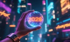 Mão segurando uma esfera futurista iluminada com o número ‘2026’, em um cenário urbano neon de estilo cyberpunk, simbolizando previsões e tendências tecnológicas para o futuro.
