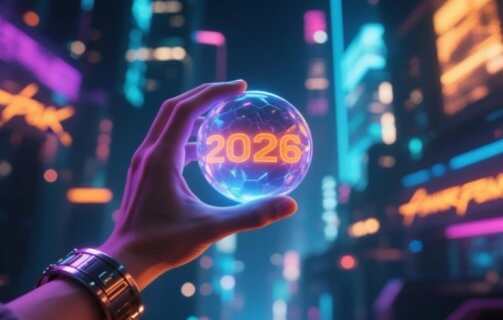 Mão segurando uma esfera futurista iluminada com o número ‘2026’, em um cenário urbano neon de estilo cyberpunk, simbolizando previsões e tendências tecnológicas para o futuro.