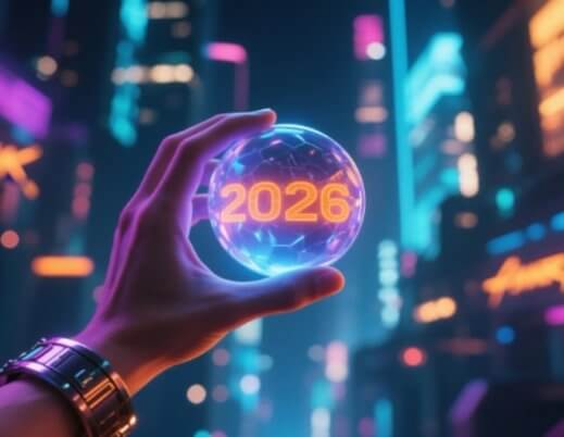 Mão segurando uma esfera futurista iluminada com o número ‘2026’, em um cenário urbano neon de estilo cyberpunk, simbolizando previsões e tendências tecnológicas para o futuro.