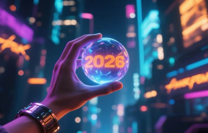 Mão segurando uma esfera futurista iluminada com o número ‘2026’, em um cenário urbano neon de estilo cyberpunk, simbolizando previsões e tendências tecnológicas para o futuro.
