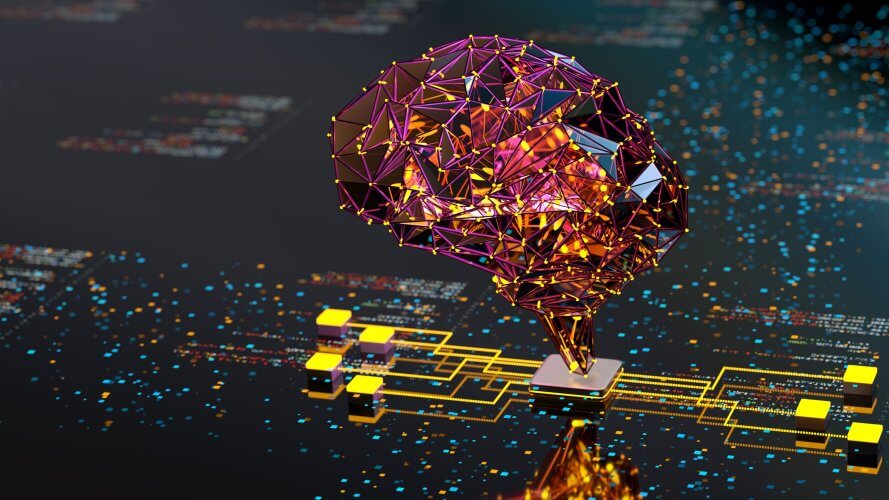 A imagem é uma representação 3D de uma paisagem montanhosa simulada sobre um chip eletrônico, simbolizando a fusão entre o mundo físico e o digital. As luzes em neon e os circuitos ao redor reforçam a ideia de computação avançada, inteligência artificial e processamento de dados geoespaciais. Essa composição ilustra como tecnologias modernas, como machine learning, modelagem 3D e computação de alto desempenho, são utilizadas para analisar, prever e visualizar dados complexos em tempo real.