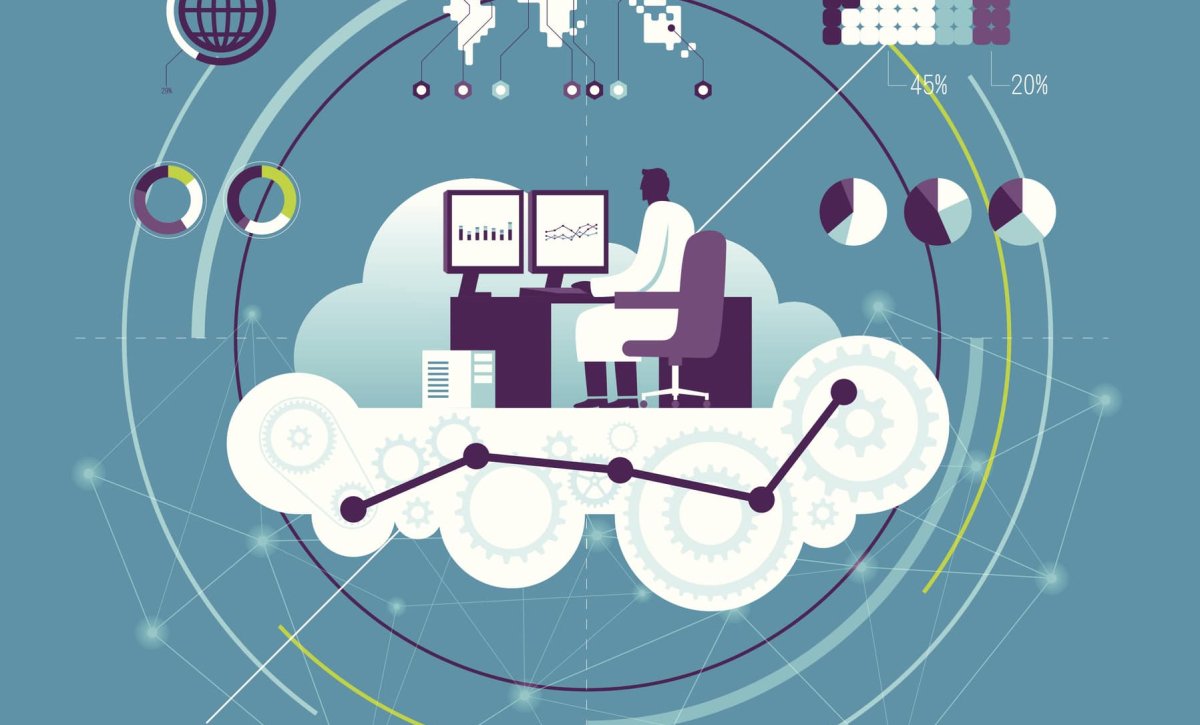 A ilustração mostra uma pessoa trabalhando em um ambiente de computação em nuvem, analisando dados e gráficos em monitores conectados a sistemas digitais. Elementos como engrenagens, gráficos, mapas e conexões globais representam o uso de big data, analytics e infraestrutura em nuvem para tomadas de decisão inteligentes. A imagem simboliza a transformação digital e a integração de informações em tempo real entre diferentes regiões e plataformas tecnológicas.