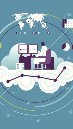 A ilustração mostra uma pessoa trabalhando em um ambiente de computação em nuvem, analisando dados e gráficos em monitores conectados a sistemas digitais. Elementos como engrenagens, gráficos, mapas e conexões globais representam o uso de big data, analytics e infraestrutura em nuvem para tomadas de decisão inteligentes. A imagem simboliza a transformação digital e a integração de informações em tempo real entre diferentes regiões e plataformas tecnológicas.