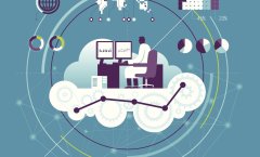 A ilustração mostra uma pessoa trabalhando em um ambiente de computação em nuvem, analisando dados e gráficos em monitores conectados a sistemas digitais. Elementos como engrenagens, gráficos, mapas e conexões globais representam o uso de big data, analytics e infraestrutura em nuvem para tomadas de decisão inteligentes. A imagem simboliza a transformação digital e a integração de informações em tempo real entre diferentes regiões e plataformas tecnológicas.