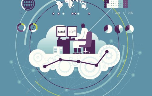 A ilustração mostra uma pessoa trabalhando em um ambiente de computação em nuvem, analisando dados e gráficos em monitores conectados a sistemas digitais. Elementos como engrenagens, gráficos, mapas e conexões globais representam o uso de big data, analytics e infraestrutura em nuvem para tomadas de decisão inteligentes. A imagem simboliza a transformação digital e a integração de informações em tempo real entre diferentes regiões e plataformas tecnológicas.