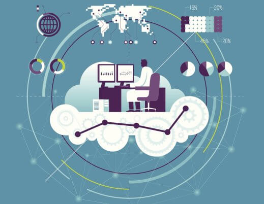 A ilustração mostra uma pessoa trabalhando em um ambiente de computação em nuvem, analisando dados e gráficos em monitores conectados a sistemas digitais. Elementos como engrenagens, gráficos, mapas e conexões globais representam o uso de big data, analytics e infraestrutura em nuvem para tomadas de decisão inteligentes. A imagem simboliza a transformação digital e a integração de informações em tempo real entre diferentes regiões e plataformas tecnológicas.