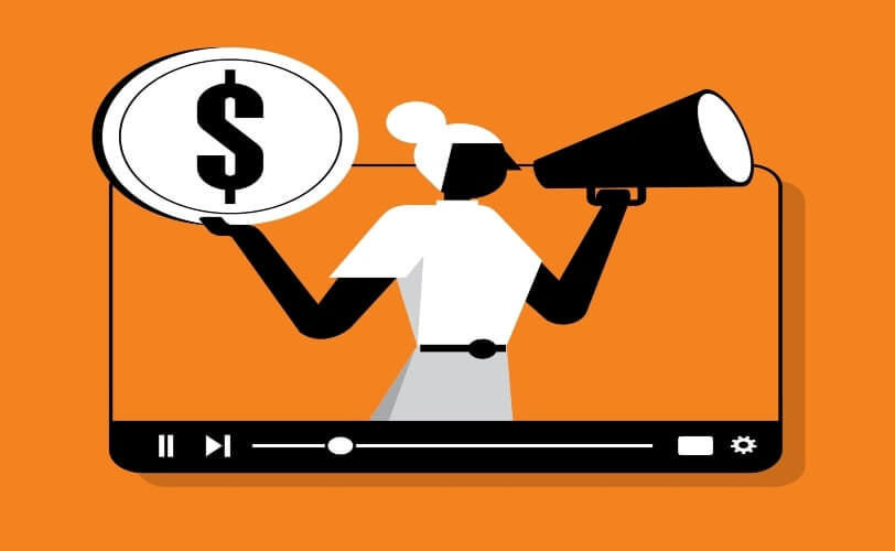 A ilustração mostra uma mulher estilizada segurando um megafone e uma moeda com símbolo de dólar, representando o poder da comunicação e da monetização no ambiente digital. Ela aparece dentro de uma janela de vídeo, remetendo a plataformas de conteúdo online e marketing de influência. O fundo laranja vibrante simboliza energia, criatividade e impacto, reforçando a ideia de mensagens estratégicas e geração de valor por meio da mídia digital, um retrato visual do papel das redes sociais e do marketing de conteúdo na economia moderna.
