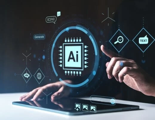 Humano interagindo com interface de holograma AI no tablet digital em configuração escura.