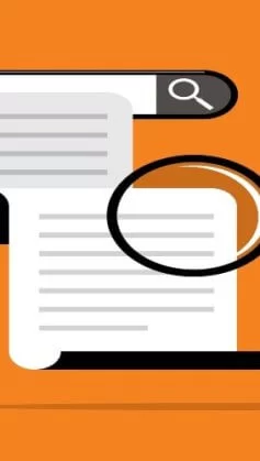 A ilustração apresenta um robô segurando uma lupa diante de uma barra de pesquisa e documentos estilizados, em um fundo laranja vibrante. A cena simboliza o uso de inteligência artificial e aprendizado de máquina para processar, organizar e interpretar grandes volumes de informações. O robô representa a automação inteligente, enquanto a lupa enfatiza a análise detalhada e a precisão na extração de dados. O estilo minimalista e as cores contrastantes reforçam o conceito de tecnologia moderna aplicada à pesquisa, SEO e processamento de informações digitais.