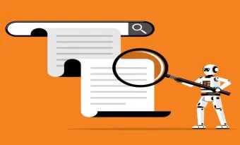 A ilustração apresenta um robô segurando uma lupa diante de uma barra de pesquisa e documentos estilizados, em um fundo laranja vibrante. A cena simboliza o uso de inteligência artificial e aprendizado de máquina para processar, organizar e interpretar grandes volumes de informações. O robô representa a automação inteligente, enquanto a lupa enfatiza a análise detalhada e a precisão na extração de dados. O estilo minimalista e as cores contrastantes reforçam o conceito de tecnologia moderna aplicada à pesquisa, SEO e processamento de informações digitais.