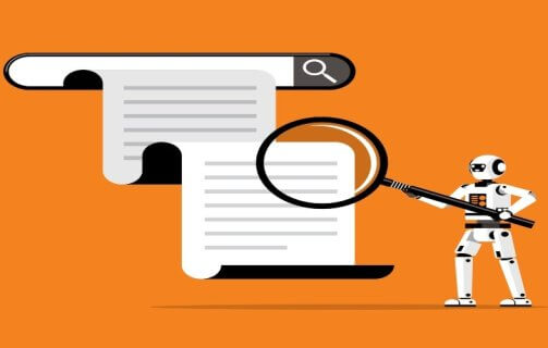 A ilustração apresenta um robô segurando uma lupa diante de uma barra de pesquisa e documentos estilizados, em um fundo laranja vibrante. A cena simboliza o uso de inteligência artificial e aprendizado de máquina para processar, organizar e interpretar grandes volumes de informações. O robô representa a automação inteligente, enquanto a lupa enfatiza a análise detalhada e a precisão na extração de dados. O estilo minimalista e as cores contrastantes reforçam o conceito de tecnologia moderna aplicada à pesquisa, SEO e processamento de informações digitais.