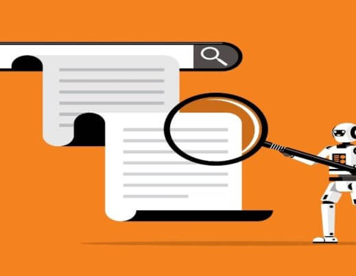 A ilustração apresenta um robô segurando uma lupa diante de uma barra de pesquisa e documentos estilizados, em um fundo laranja vibrante. A cena simboliza o uso de inteligência artificial e aprendizado de máquina para processar, organizar e interpretar grandes volumes de informações. O robô representa a automação inteligente, enquanto a lupa enfatiza a análise detalhada e a precisão na extração de dados. O estilo minimalista e as cores contrastantes reforçam o conceito de tecnologia moderna aplicada à pesquisa, SEO e processamento de informações digitais.