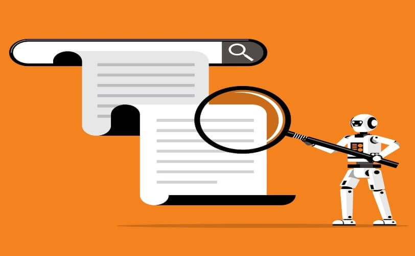 A ilustração apresenta um robô segurando uma lupa diante de uma barra de pesquisa e documentos estilizados, em um fundo laranja vibrante. A cena simboliza o uso de inteligência artificial e aprendizado de máquina para processar, organizar e interpretar grandes volumes de informações. O robô representa a automação inteligente, enquanto a lupa enfatiza a análise detalhada e a precisão na extração de dados. O estilo minimalista e as cores contrastantes reforçam o conceito de tecnologia moderna aplicada à pesquisa, SEO e processamento de informações digitais.