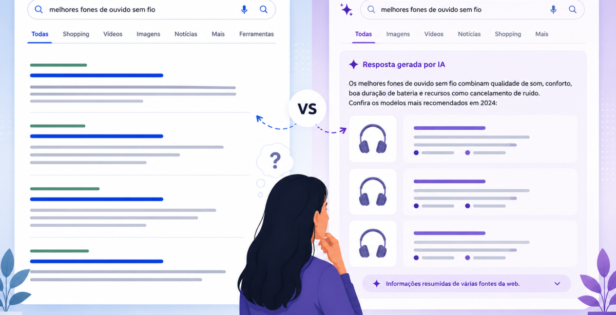 ilustração comparando duas telas de resultado de busca, uma com links azuis e outra com resposta gerada por IA.