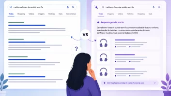 ilustração comparando duas telas de resultado de busca, uma com links azuis e outra com resposta gerada por IA.
