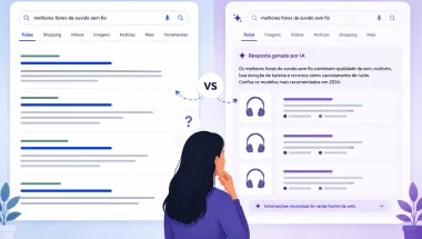ilustração comparando duas telas de resultado de busca, uma com links azuis e outra com resposta gerada por IA.