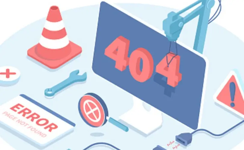 Ilustração em tons de azul e vermelho mostrando uma tela de erro 404 de página não encontrada em um notebook, representando o momento em que um site fica fora do ar após o domínio expirar.
