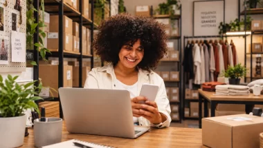 Empreendedora sorrindo enquanto mexe no celular, com laptop aberto em ambiente de loja física com estoque ao fundo