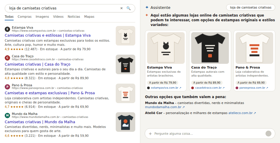 Comparação entre resultado de busca tradicional com links e resposta gerada por inteligência artificial com citação de fonte