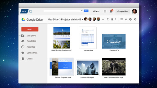 Imagem de um notebook exibindo a página inicial do Google Drive com diversos arquivos salvos.