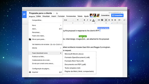 Imagem de um notebook exibindo um documendo em texto sendo editado por diferentes pessoas ao mesmo tempo.