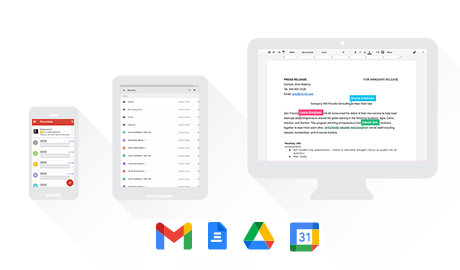 Ilustrações de um celular, um tablet e da tela de um computador com diferentes apps da Google abertos. Logo abaixo das ilustrações, estão os ícones das ferramentas do Google Worspace.