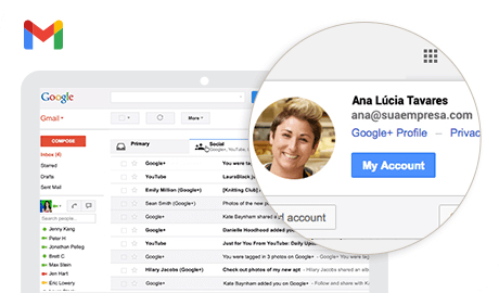 Ilustração de uma tela exibindo a caixa principal de mensagens de uma conta do Gmail. Na imagem, o nome de uma pessoa e o endereço de e-mail personalizado estão em destaque.